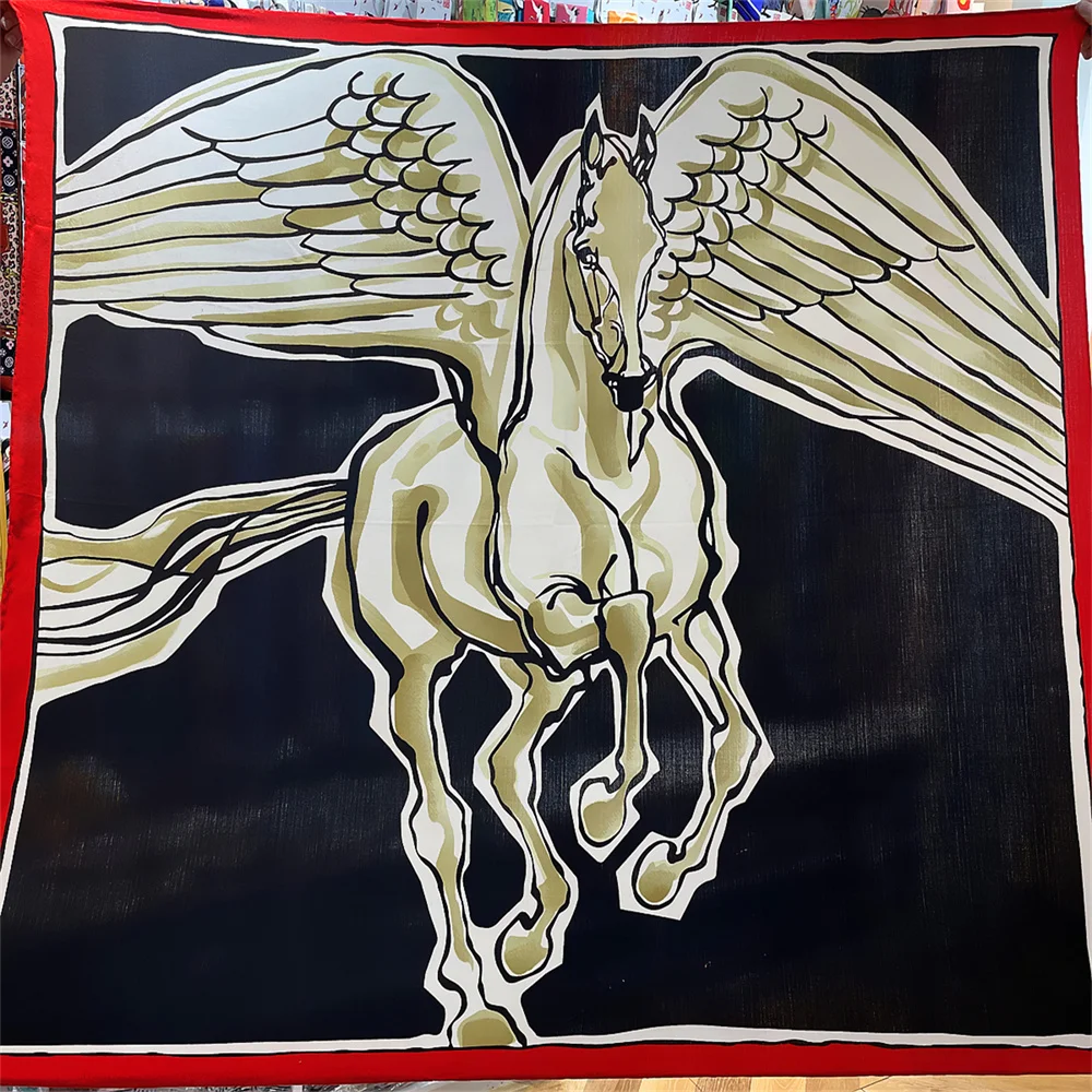 Lenço de caxemira de seda para mulheres, xales enrolados à mão, estampa cavalo voador, lenços quadrados, envoltórios, bandana, hijabs grandes,