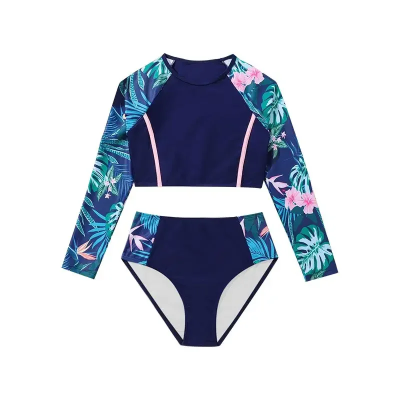 8-12 Years Teens Beach Swimming Bathing Suits Children Girls Long Sleeve Tops with Briefs Kids Flower Printed Swimwear Set