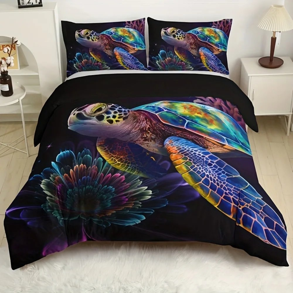 3pcs Black Bedding Set Colorful Sea Curtles Printed Cozy Duvet Cover Set King Queen Twin Single Size Birthday Gift Bedroom Decor