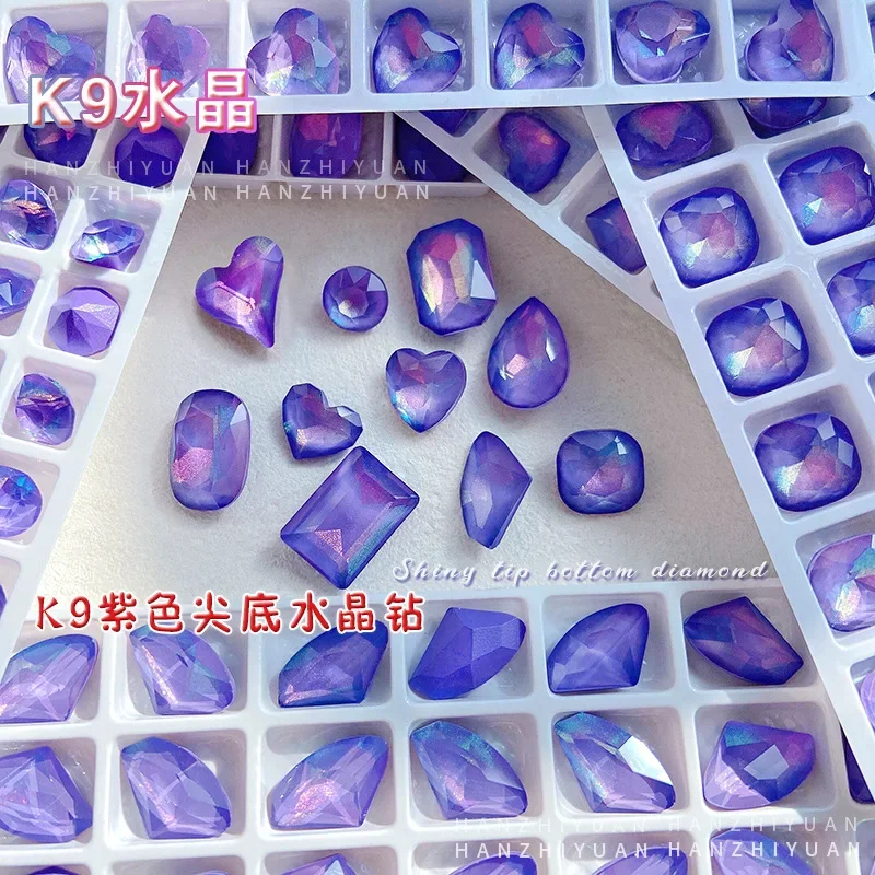 K9 Purple puntiagudo inferior corazón cristal taladros brillantes encanto diamantes de imitación Y2K manicura arte de uñas decoraciones DIY accesorios al por mayor