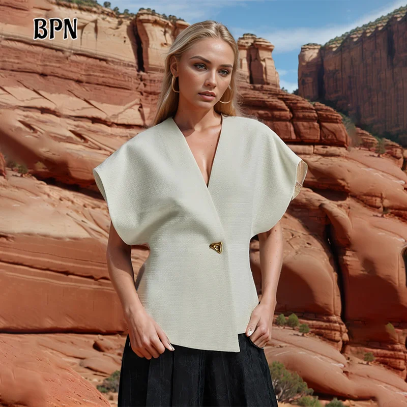 

BPN Solid Minimalist Waistcoat For Women V Neck Sleeveless Tunic Casual Loose Minimalist Coats Female Fashion Clothing Style