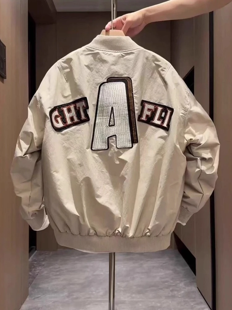 

American Street Style Cool Baseball Collar Jacket Men Vintage Bomber Coat Spring Autumn Loose Embroidered Stand Collar Outwear