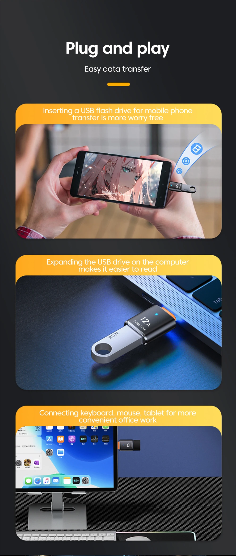12A USB 3.0 To Type C Adapter LED OTG USB C Male to USB A Female Connector For iPhone 15 Tablet Notebook Android Phones Adapter