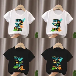 T-shirt do aniversário das crianças, dinossauro diferente, tiranossauro rex, número, arco, aniversário, 1, 2, 3, 4, 5, 6, 7, 8, 9 anos