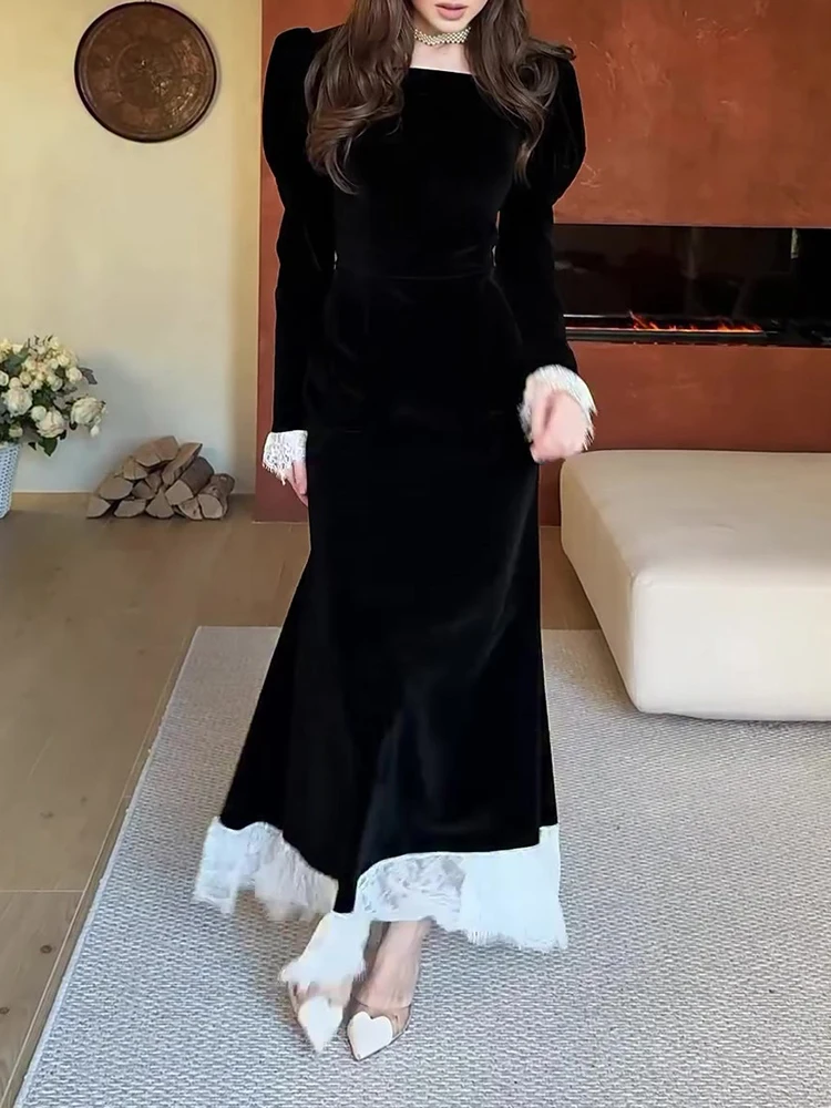 Elegantes Damen-Abschlussballkleid mit quadratischem Kragen, schmale Passform, 2026, neues Frühjahr, Samt-Robenkleid, sexy Spitze, Patchwork, langärmelig, Partykleid