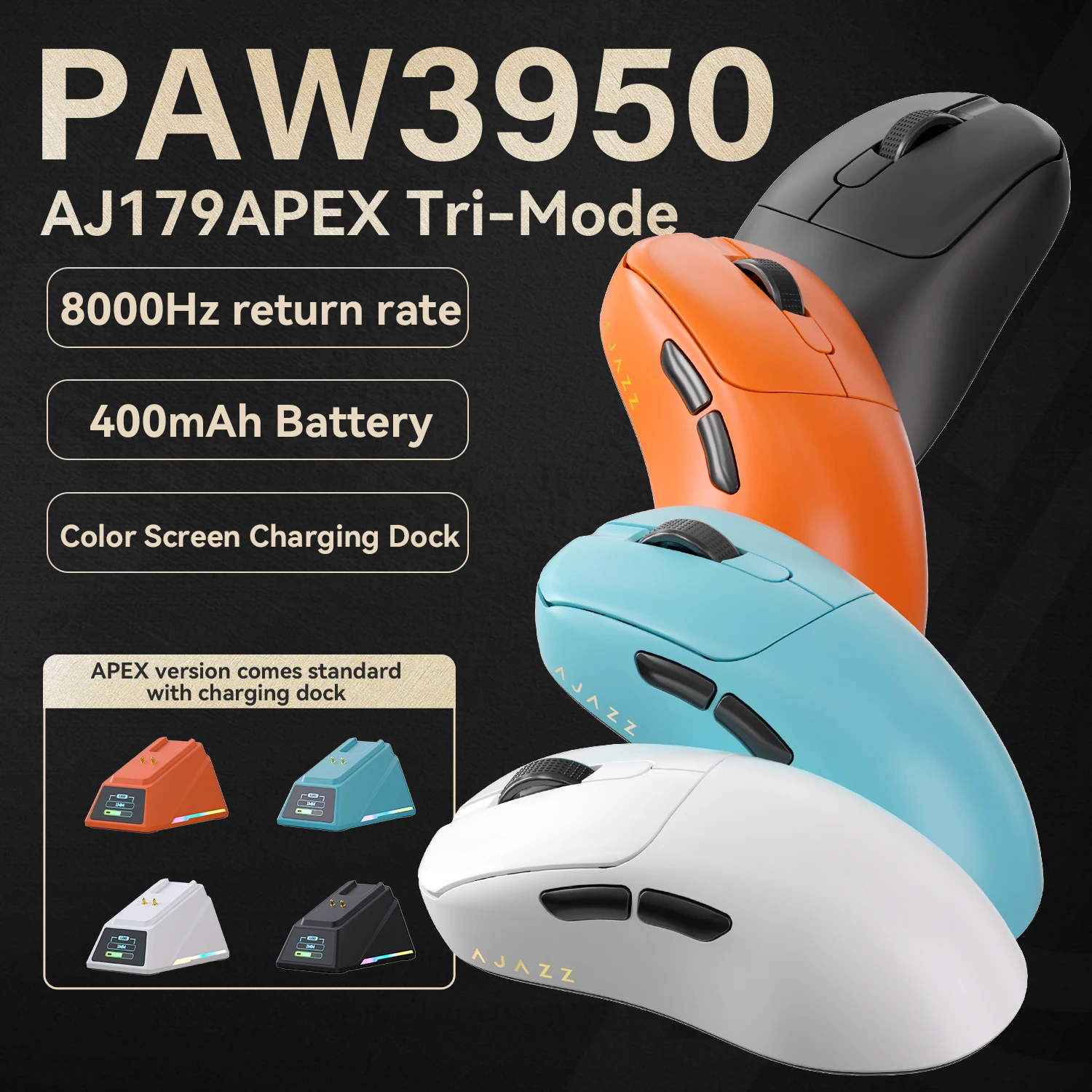 AJAZZ AJ179 Apex Gaming Wireless Mouse PAW3395 with RGB Charging Base Ergonomic AJ179 Pro Gamer Mouse Lightweight for PC Laptop