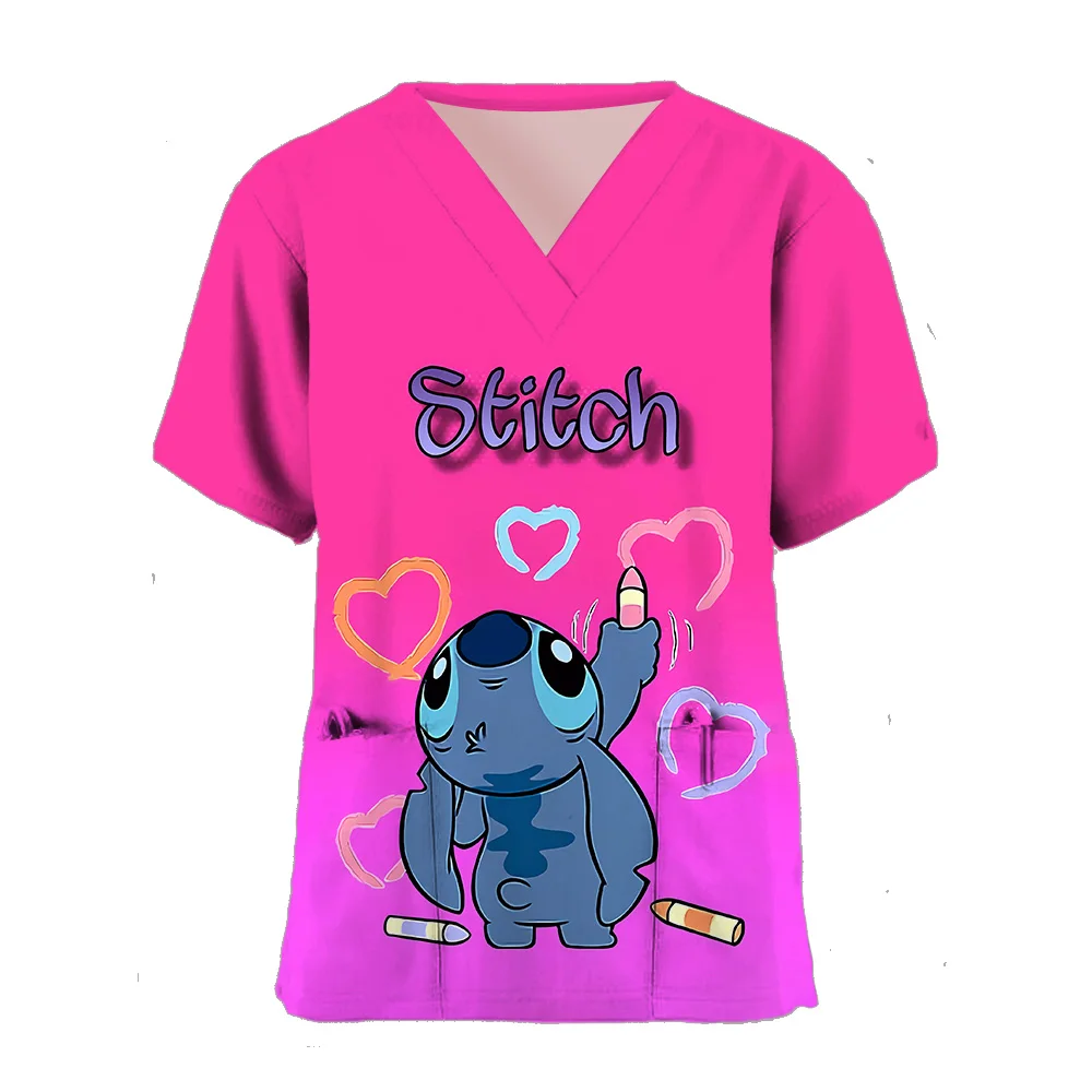 T-shirt tascabile da donna manica corta abbigliamento ospedaliero estate Disney Stitch T-shirt con scollo a V uniforme da infermiera T-shirt Cartoon Top