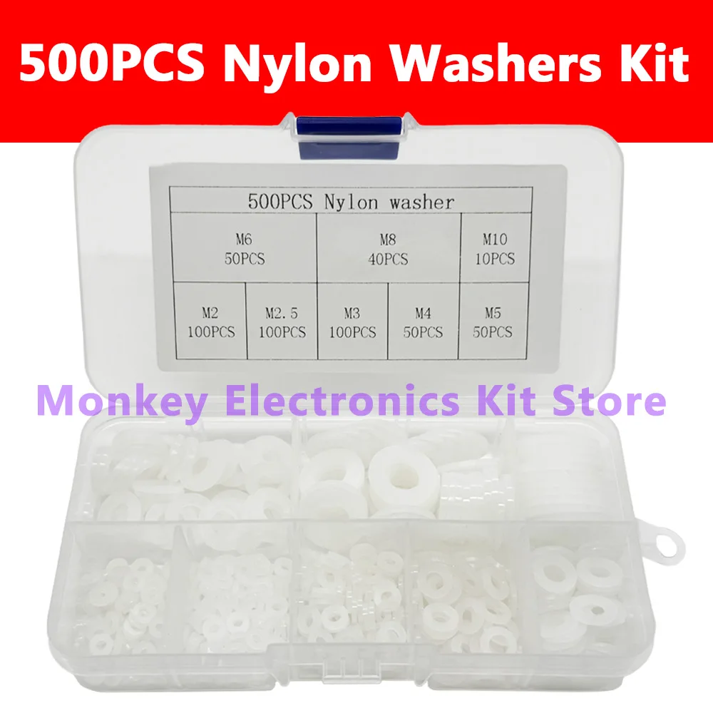 AT48-500Pcs White Nylon Flat Washer Gasket Set M2 M2.5 M3M4M5 M6 M8 M10 Plastic Sealing O-Rings Assortment Kit Fastener Spare Pa