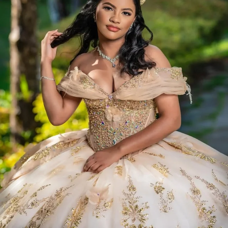 

Customized Shiny champagne gold Quinceanera Dresses Off the Shoulder applique 3D flower Long tail Bow Vestido De 15 Quinceanera