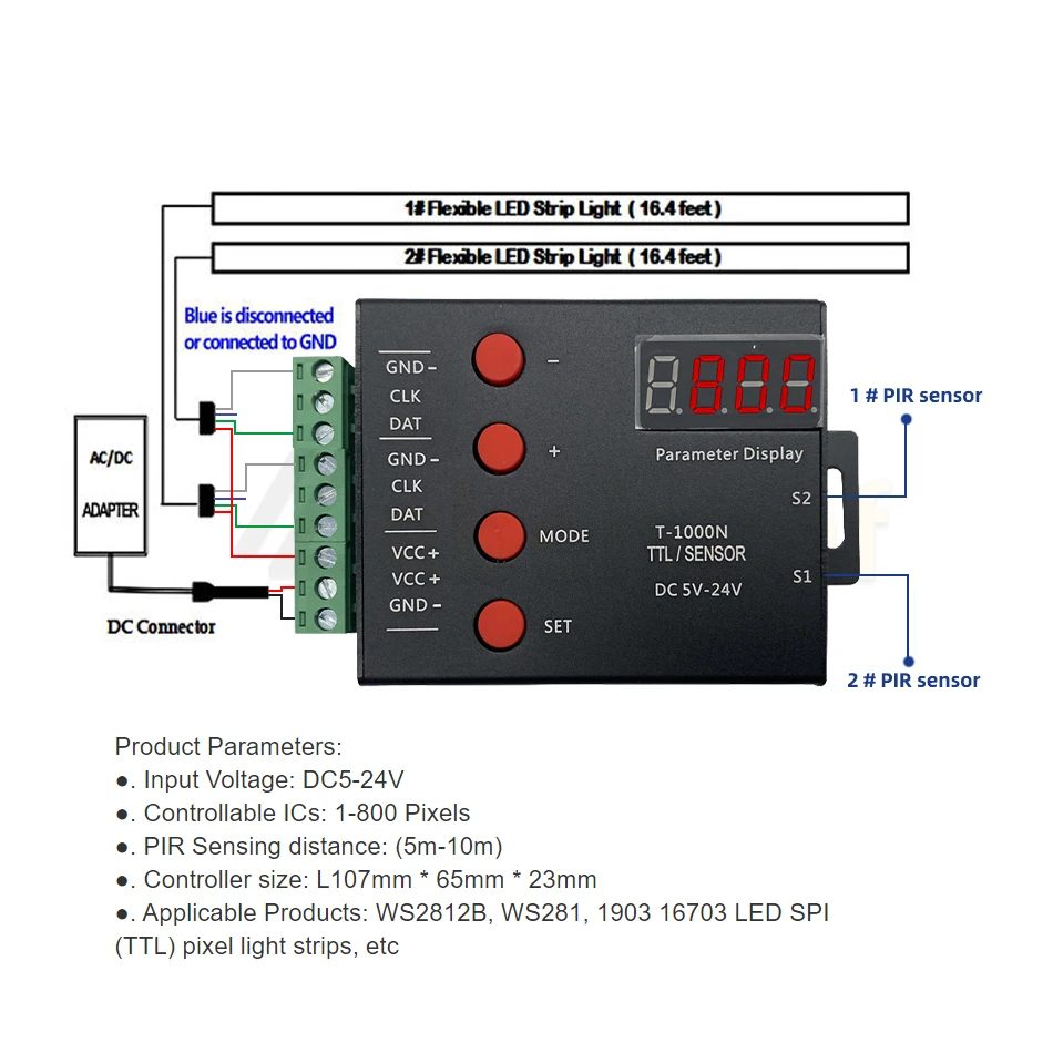 DC5-24V kontroler LED schodowy 10A 800 pikseli ściemniacz sygnału SPI i 2 PIR przełącznik czujnikowy ludzkiego ciała dla WS2812B 2811 pasek światło