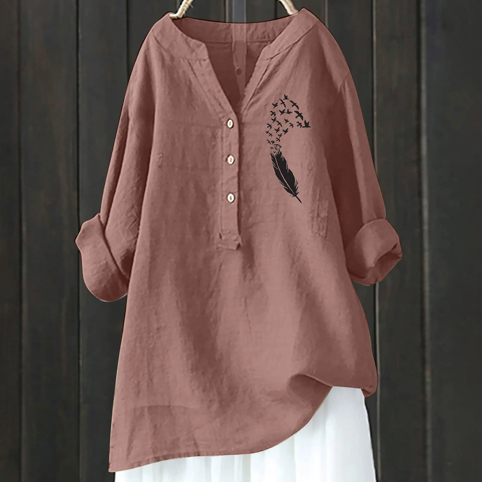 Fashion V-neck Buttons Long Sleeve Linen Tops And Blouses Women 2024 Autumn Loose Casual Feather Print Shirts Women's Top Femme