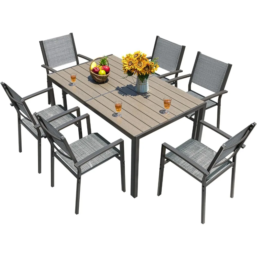 Patio Dining Set 7 Pieces Outdoor Furniture Table and 6 Textilene Chairs