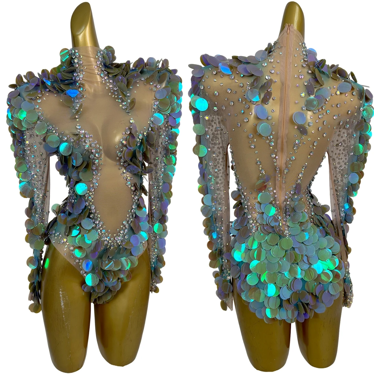 Women Sexy Sparkly AB Rhinestone Sequins Tight Fitting Bodysuit Night Club Showgirl Singer Dancer Drag Queen Performer Wear Yupi