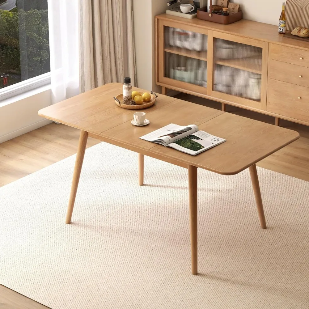 

47.24’’-63’’ 100% Oak Extendable Dining Table, Solid Wood Folding Kitchen Table, Mid Century Modern Dinner Table for Kitchen, Ap