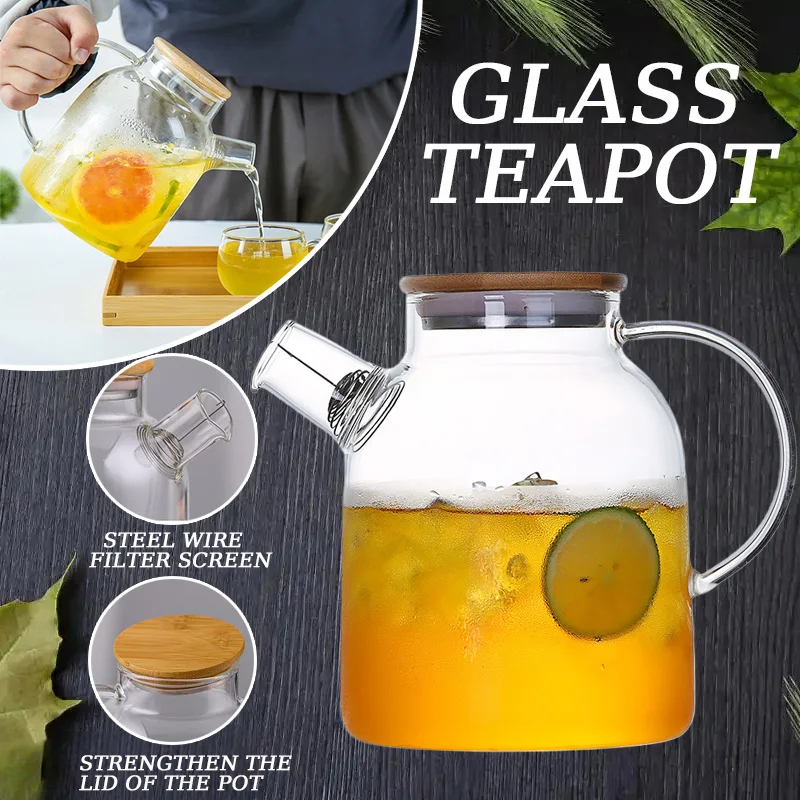 Glass Teapot Heat Resistant 1.8/1L Transparent Borosilicate Cup Wooden Cover Glass Teapot Removable Filter Home Tool VIE LENTE