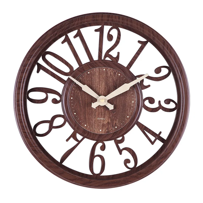 European Style Hollow Imitation Wood Grain Wall Clock Home Circular Creative Minimalist Wall Clock