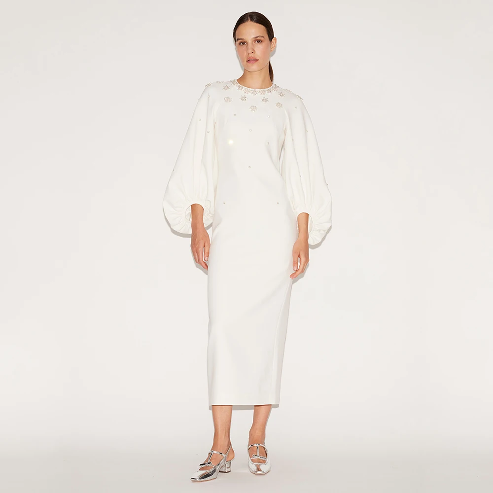 

Элегантные свадебные платья для женщин 2025 с пышными рукавами, свадебное платье миди с кристаллами и круглым вырезом, длина чая, короткое вечернее платье