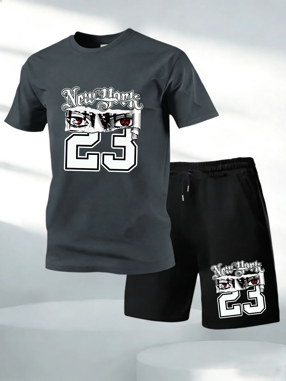 

Two Pieces Set New York Number 23 Ninja Printed Cotton Tops Shorts Mens Soft O-Neck Oversized T-Shirts Pocket High Waisted Pants