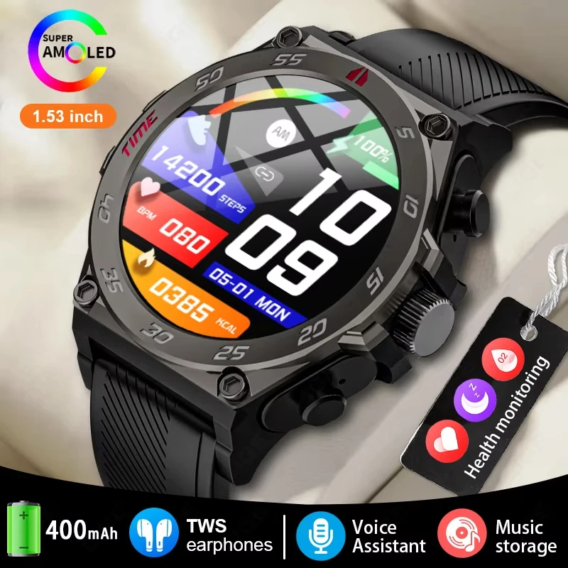 

LIGE New 2 In1 Bluetooth Headset Smart Watch Men TWS Music Talk With Earbuds AMOLED HD Screen Watches Health Sport Smartwatch