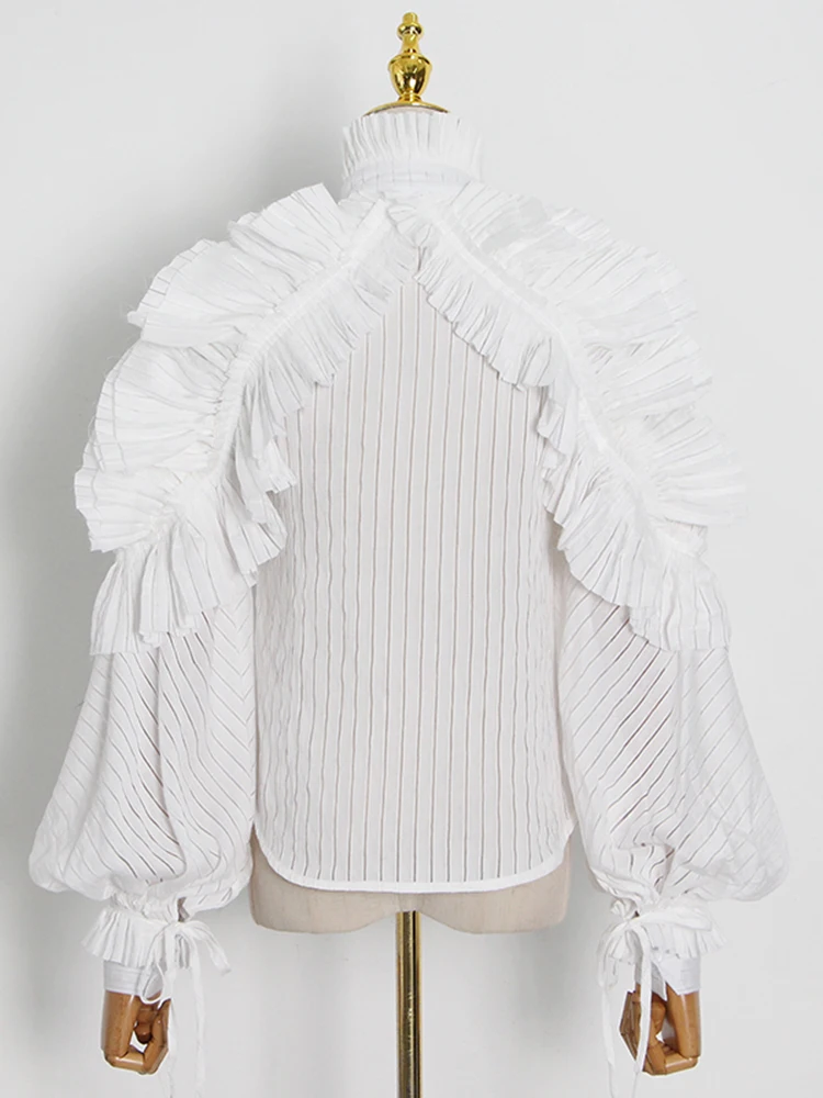 CHICEVER Striped Patchwork Ruffle Blouse For Women Stand Collar Long Lantern Sleeve Elegant Shirt Female Fashion Clothing Spring