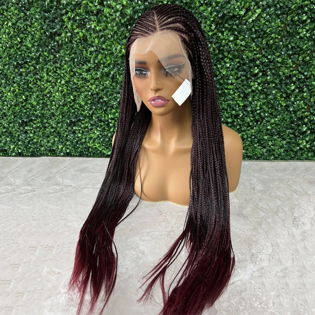 Dark Burgundy Synthetic Braided Wig Lace Frontal Braids Wig 26 Inch Cornrow Lace Wigs 99J Win Red Color Wig for Women Daily Use