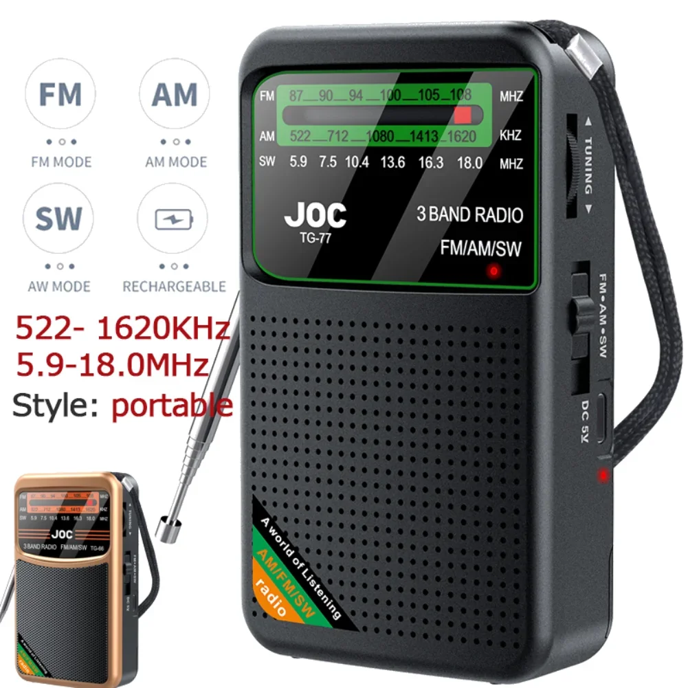 Battery Operated Radio FM AM SW Radio Built-in Speaker Transistor Radio Type-C Rechargeable Radio Player for Senior Home Walking