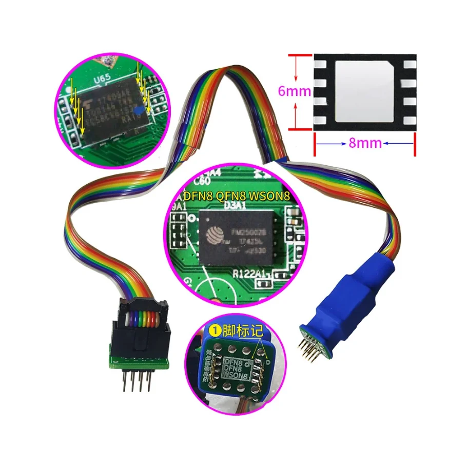 2023 QFN8 DFN8 WSON8 Chip Probe Line Test Adapter Socket Read Write Burning Pin 1.27 6x8 6X5 for CH341A TL866 RT809H/F