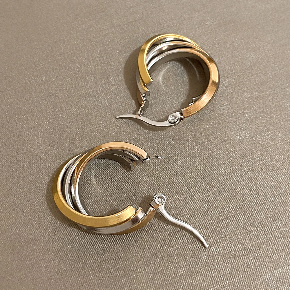 DODOHAO 316L Statement Stainless Steel Twist Round Hoop Earrings for Women Trendy Geometric Gold Rose Silver 3 Color Earring