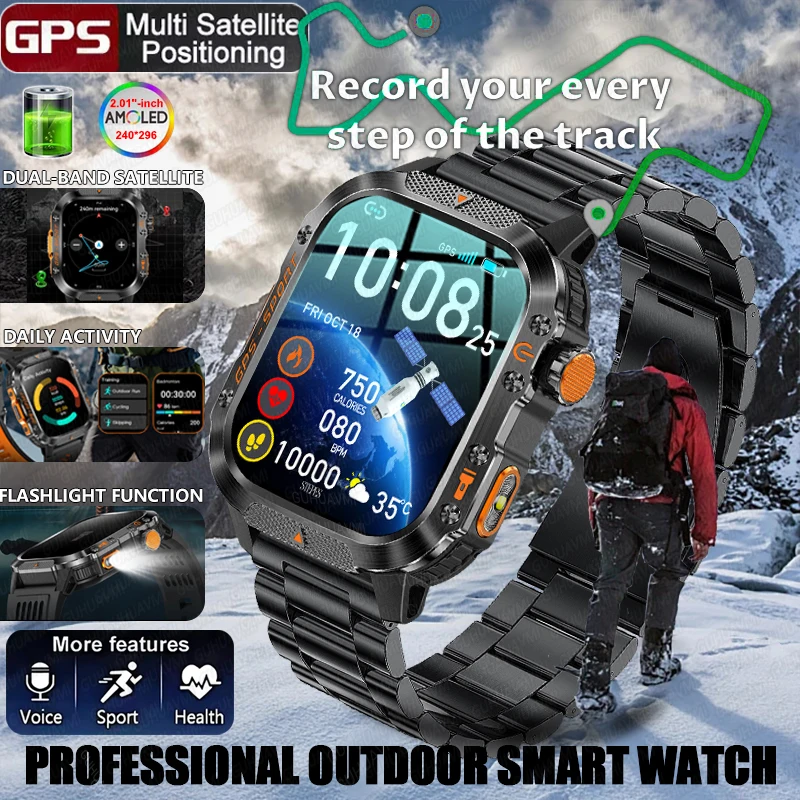 

2025 Brand-new Outdoor Military GPS Smart Watch 2.01" AMOLED Screen IP69K Waterproof Compass Bluetooth call Sports Swim Bracelet