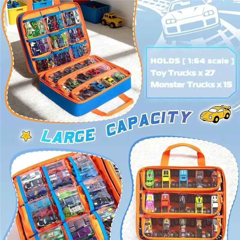 MACH- Truck Storage Case With 66 Holds For Hot Wheels & Monster Trucks, Durable Organizer Bag For Kids' Cars