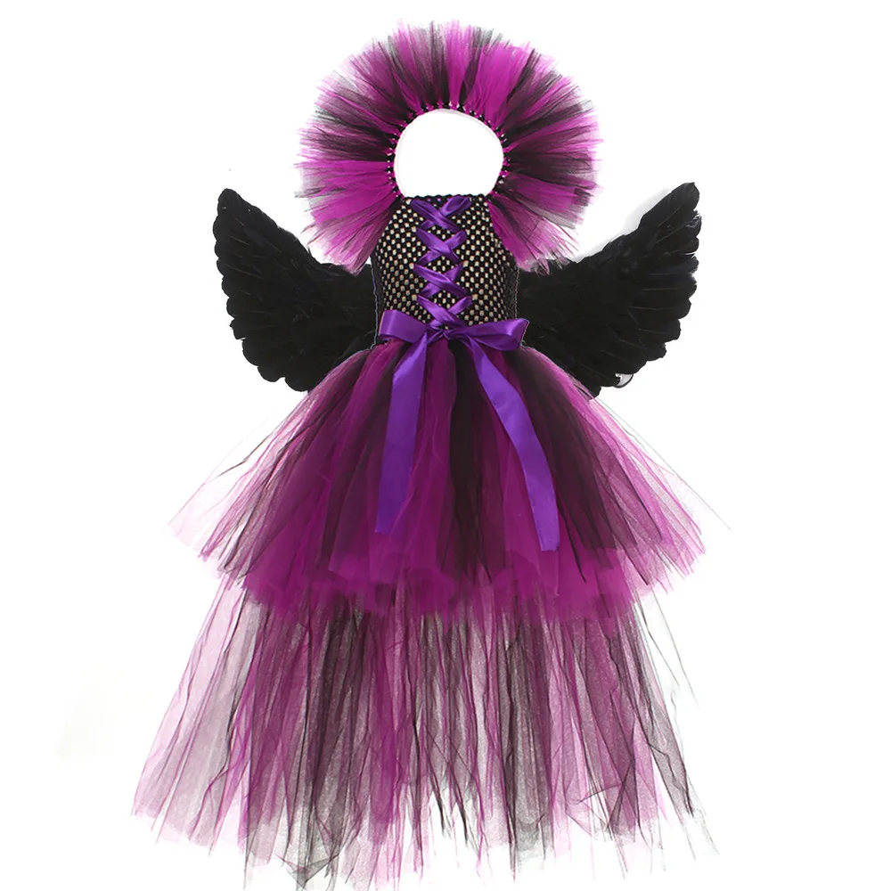 Mädchen Dark Angel Böse Königin Kostüm-Set Lila-Schwarzes Tüllkleid Mit Federflügeln Horn-Stirnband Für Halloween Karneval – Detail 7
