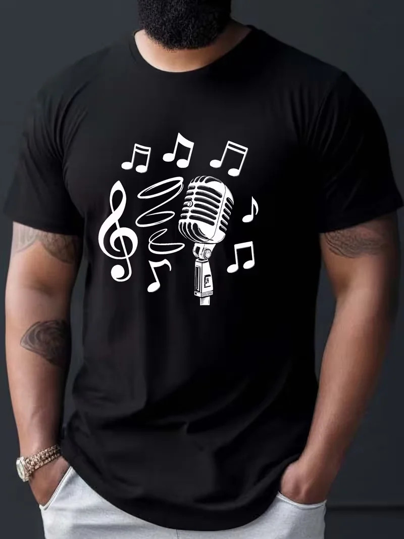 Men's Music-Inspired Microphone Print T-Shirt - Casual Crew Neck, Short Sleeve, Lightweight & Comfy for Summer