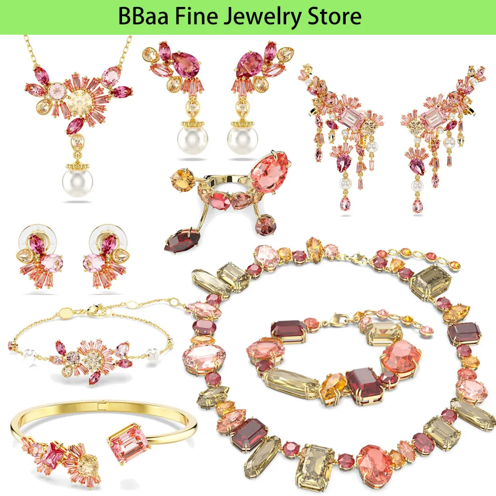 

2024 Original Khaki Crystal Collection Jewelry Set Charming Women's Necklace Earrings Ring Bracelet Combo Party Wedding Gift