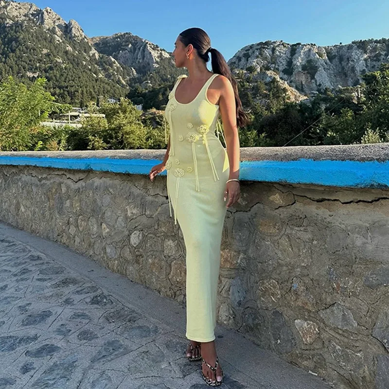 

New Beach Dress Floating Flower Fashion Women A-Line Skirt Sleeveless Holiday Style Mid-Waist Elegant Women Beachwear