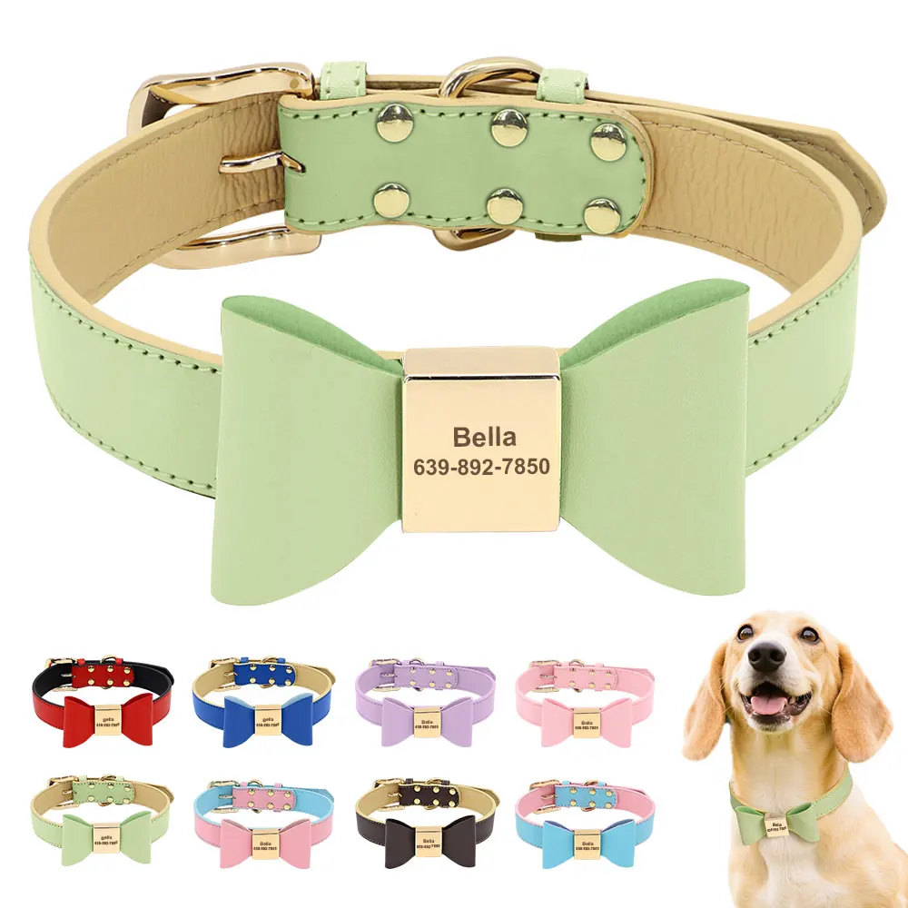 Cute Bowknot Custom Dog Collar PU Leather Puppy Dog Collars Adjustable Pet Cat Necklace With Bow tie for Small Medium Large Dogs