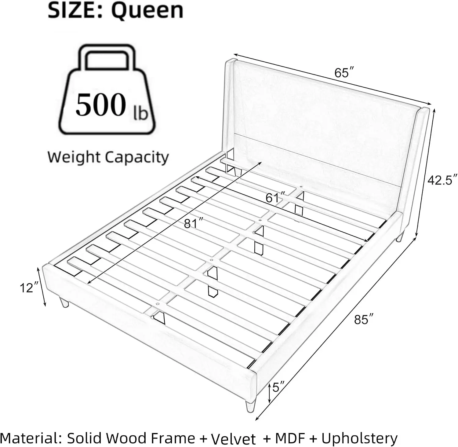Merax Solid Wood Queen Size Velvet Bed Frame with Wingback Headboard, Modern Upholstered Platform with Walnut Wooden Legs, Stron