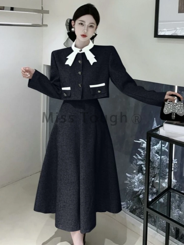 Korean Elegant Two Piece Set Women Autumn Chic Bow Coat Folds Midi Skirt Set Vintage Office Lady Fashion Party Skirt Suit Winter