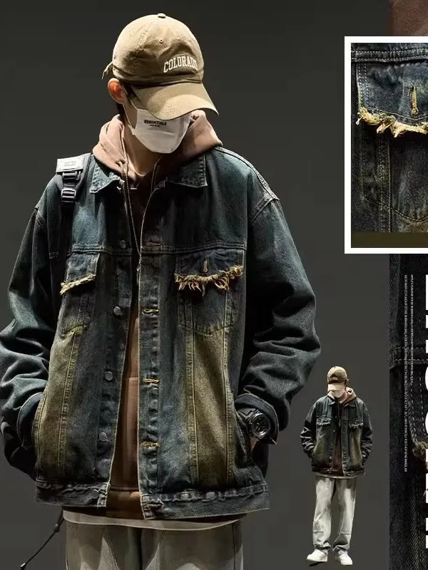 

Waed American Sle Men's Denim Jaet Spring Autumn Hong Kong Sle Workwear Jaet Trendy Loose Fit Long Sve Coat