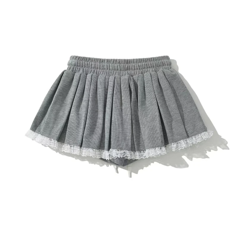 KEYANKETIAN 2024 New Y2K Lace Decoration Elastic Low Waist Knit Mini-Skirt Hot Sweet Drawstring Lace Up Women's Gray Pantskirt