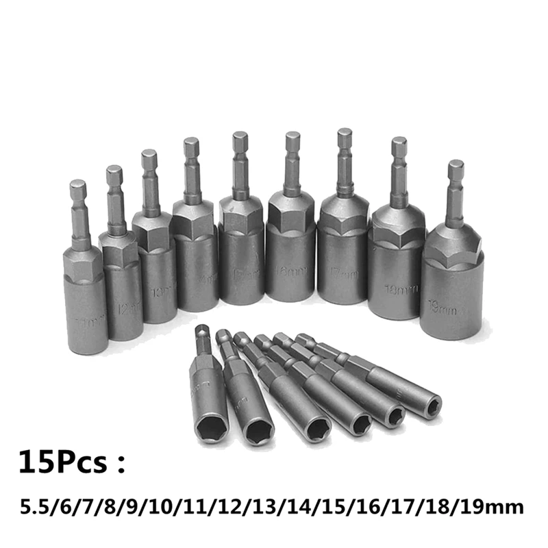 15Pcs 80Mm Length Deepen Power Nut Driver Drill Bit Set 5.5-19MM Gray-Black For Power Tools 6.35MM Hex