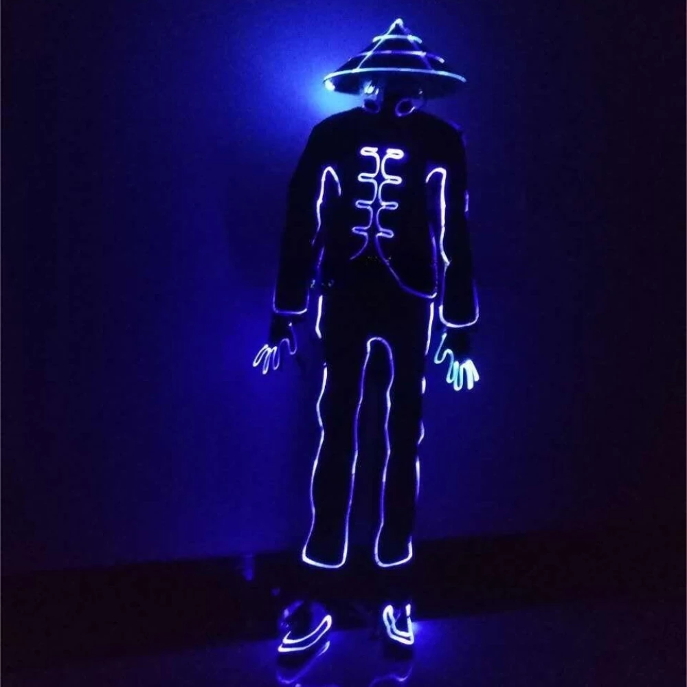 

Fiber Optic LED Light Up Suit Helmet Costume Set for Adults Glowing Rave Party Halloween Stage Show EDM Festival