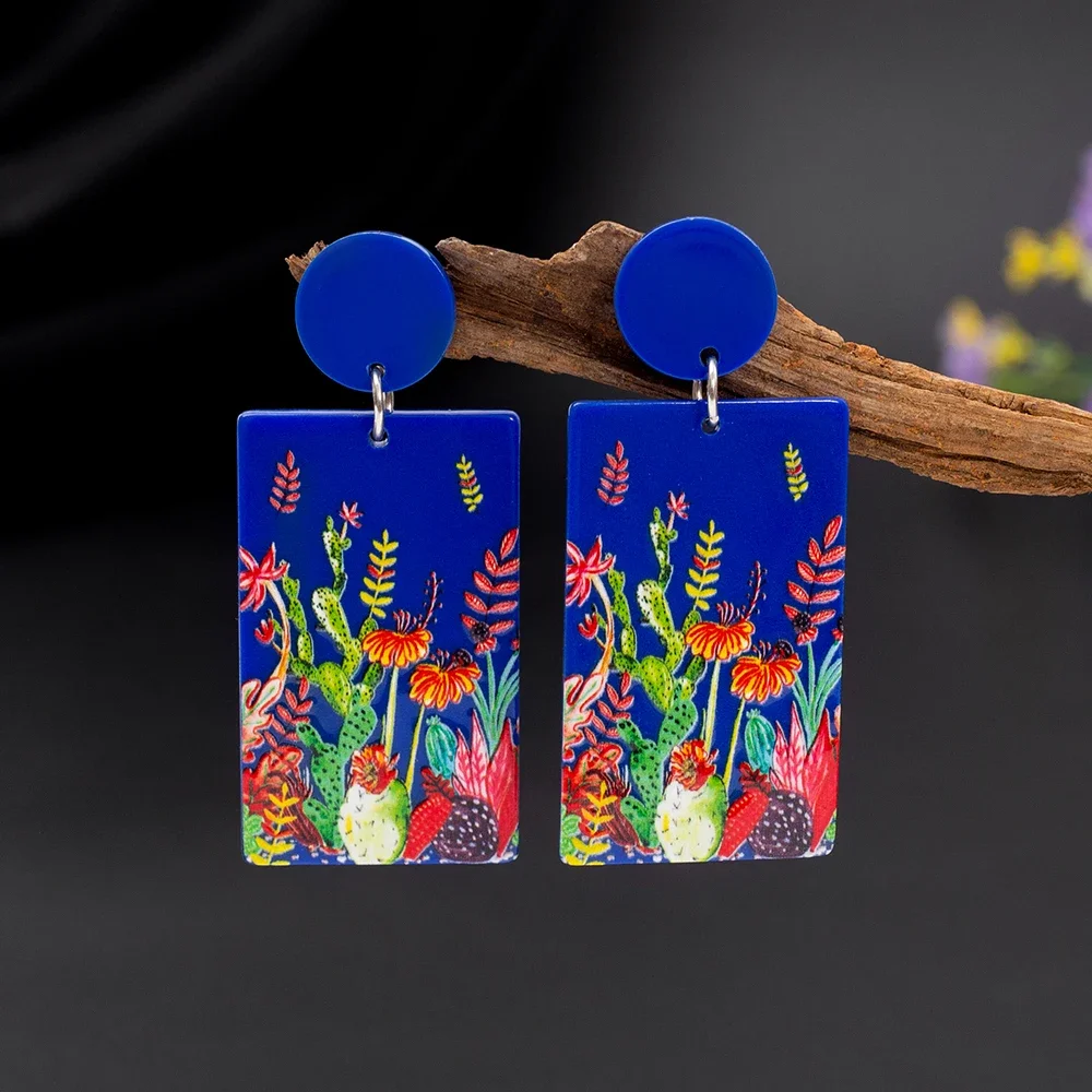 Fashion Cactus Leaf Flower Relievo Print Blue Acrylic Women's Earrings Trend 2025 Vintage Style Aesthetic Elegant Girls Jewelry