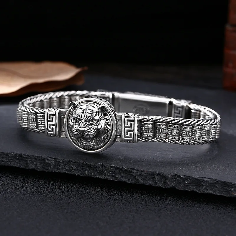 925 sterling silver rotatable tiger head bracelet thick style warp tube trendymen thai silver retro jewelry