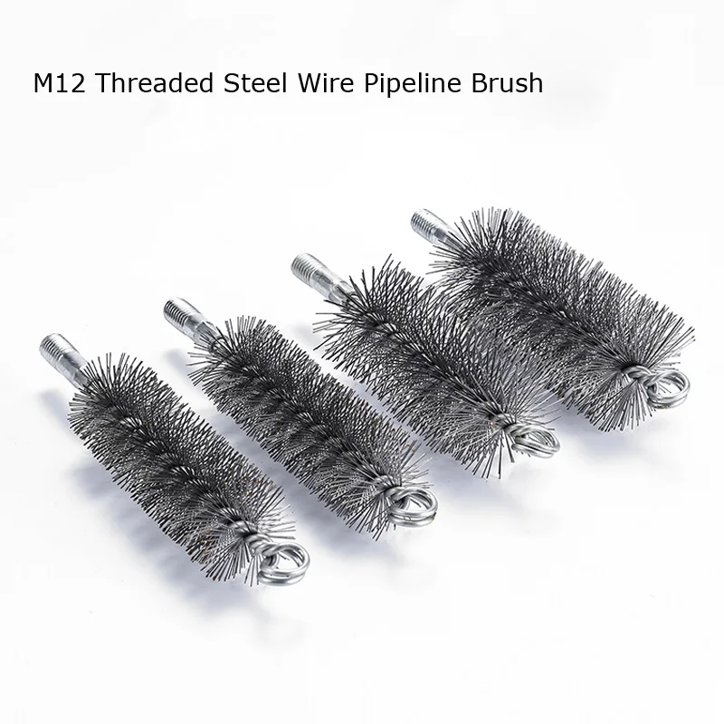 1pcs M12 Threaded Steel Wire Pipeline Brush Chimney Industrial Boiler Long Shank Brush For Cleaning Rust Removal Dia25~75mm