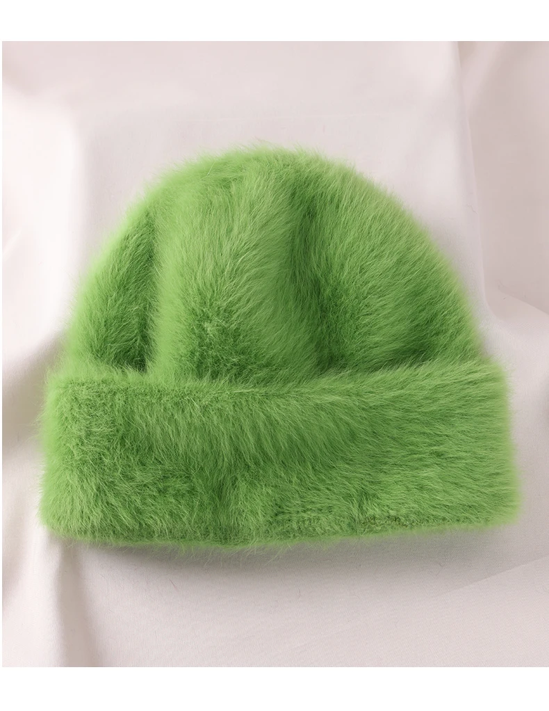 2023 Angora Flauschige Strickmütze Kaninchenfell Wintermütze für Damen Damen Mode Warmer Plüschschädel Damen Dicke Fleecemützen – Detail 30
