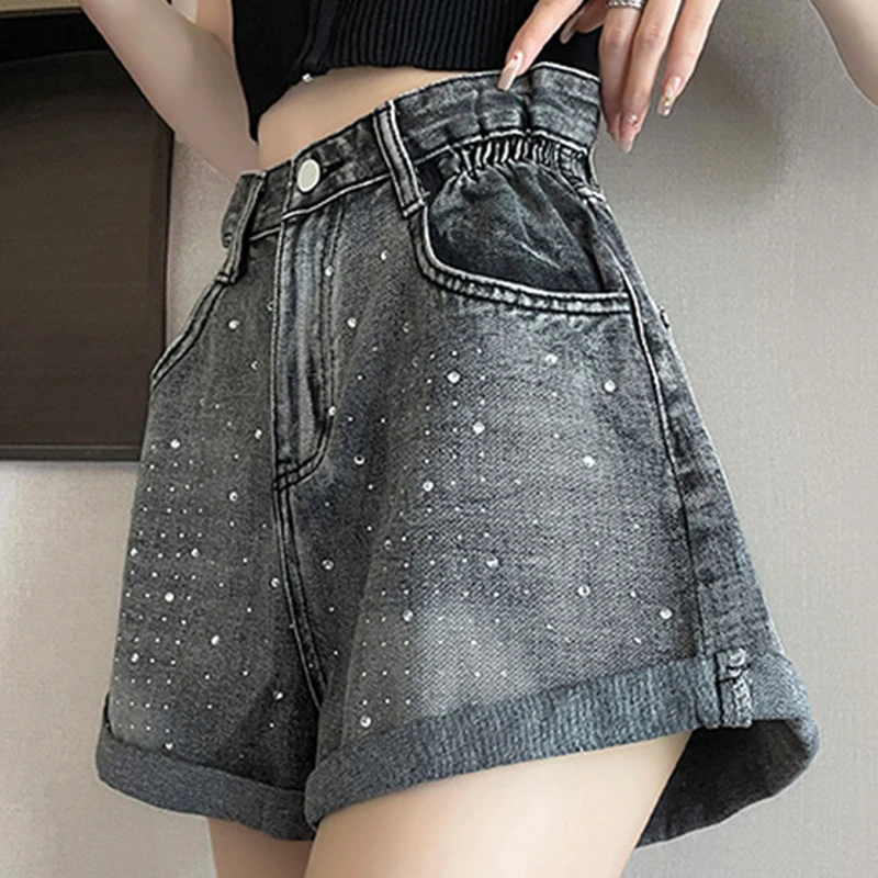 American Vintage Gray Wide Leg Denim Shorts for Women Fashion Rhinestone Roll Up Hem Shorts Streetwear High Waist Slim Hot Pants