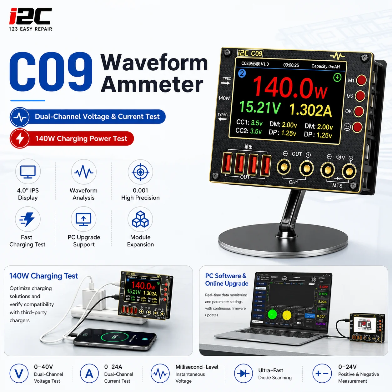 

I2C C09 Dual Channel Waveform Ammeter 0-40V Voltage Charge Tester Digital Display Quick Fault Detection IC Phone Repair Tool Kit