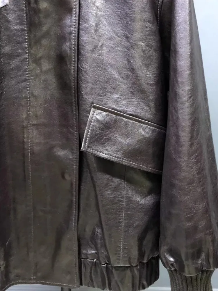 Giacca da donna in vera pelle vintage autunnale streetwear vestibilità ampia cera d'olio cappotto da pilota in pelle di pecora bavero capispalla casual da donna da ufficio