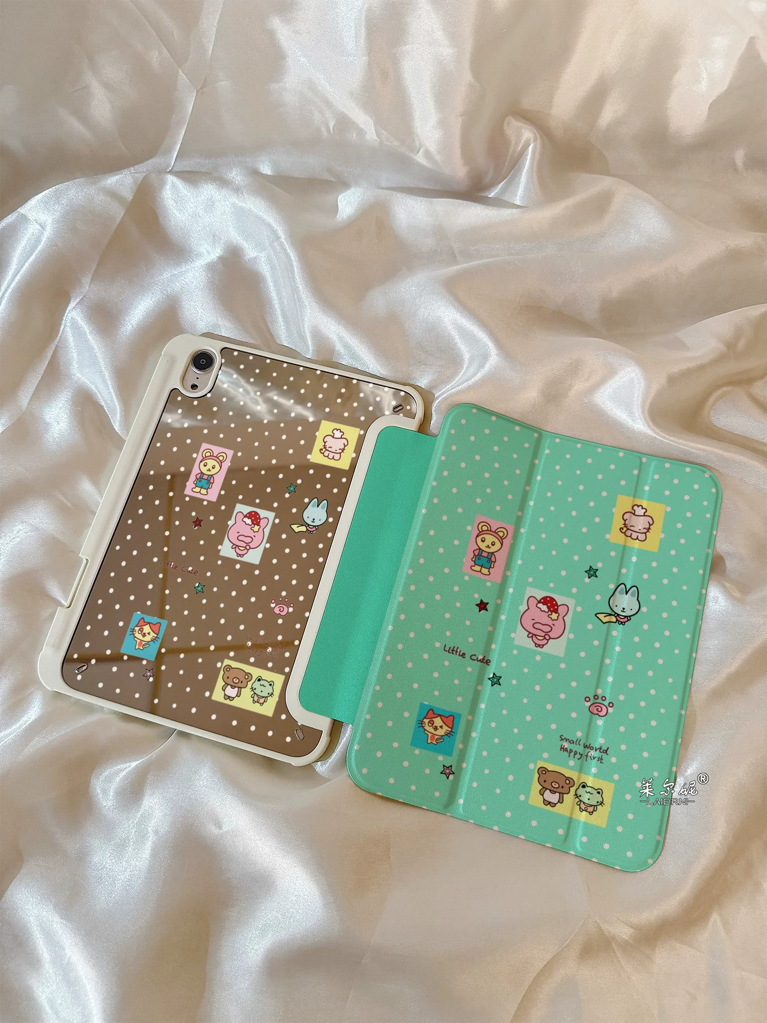 Cartoon Polka Dot Animals Tablet Case For iPad Pro 11 13in 2025 iPad Pro 12.9in Air7 10th 11th M4 M5 3Fold Makeup Mirror Cover