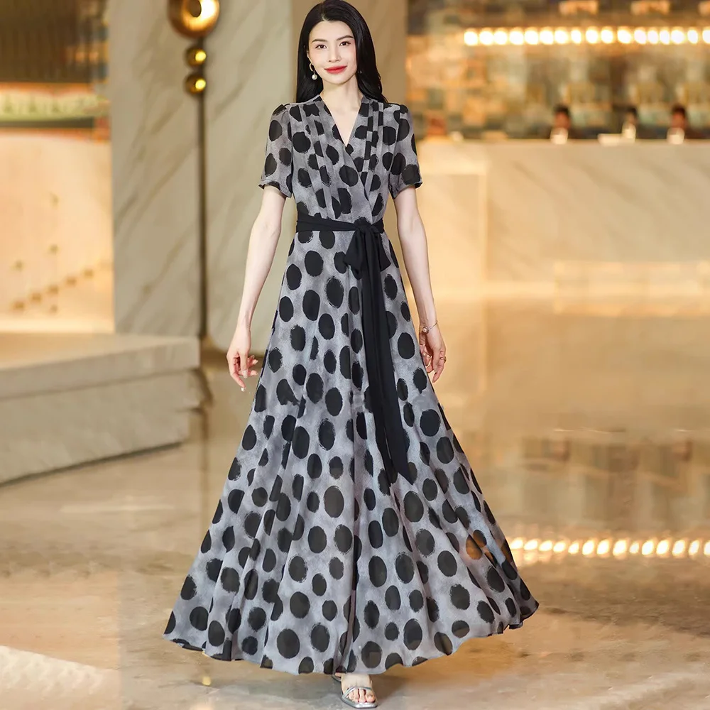 

New Women Black Gray Dot Dress Summer Fashion V-Neck Short Sleeve High Waist Slim Dress Elegant Simplicity Basic Long Dress